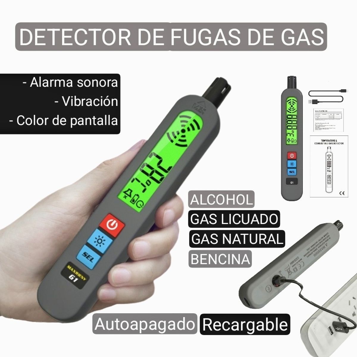 GENERICO - Detector de fugas de gas natural, licuado. Con alarma. Recargable, registra temperatura.
