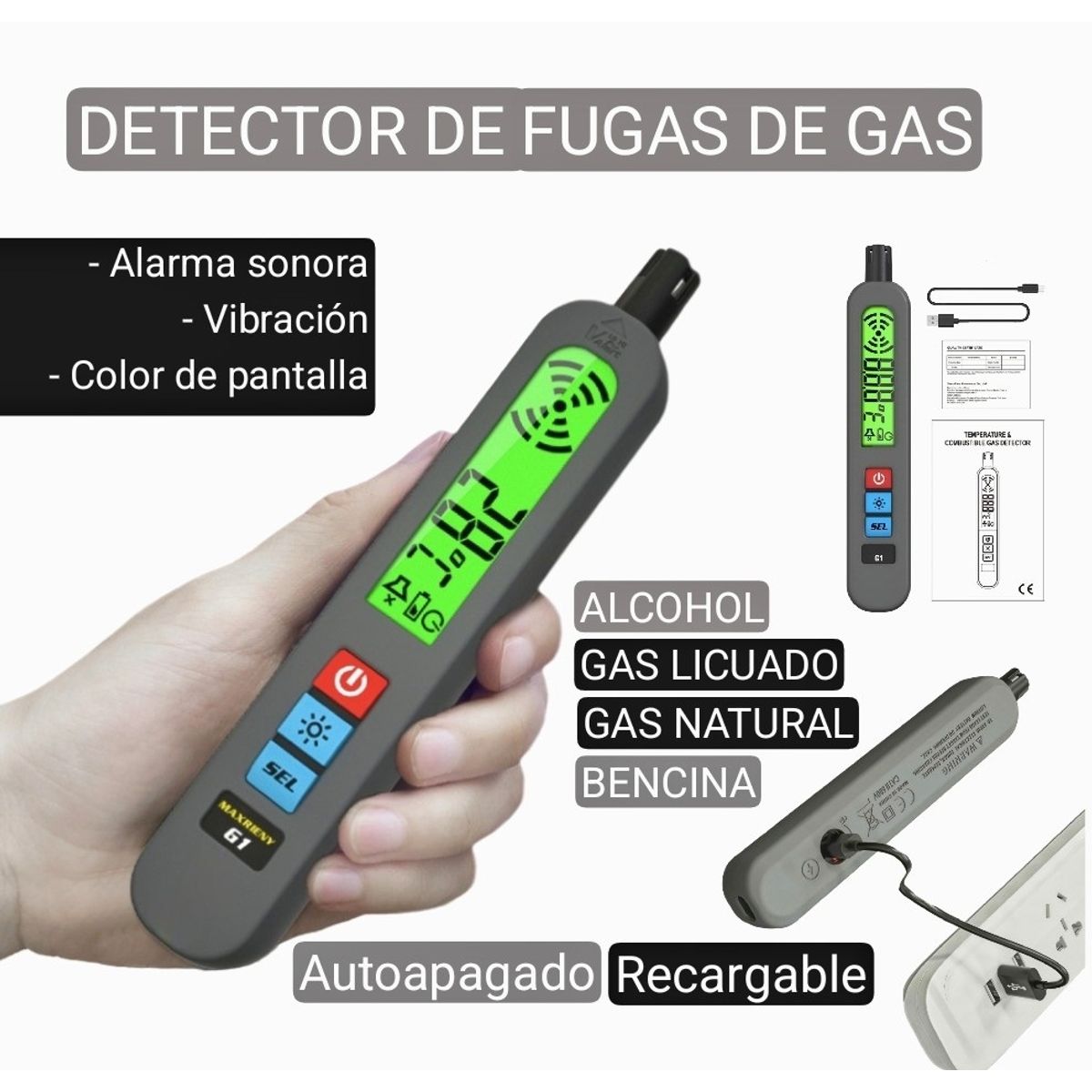 GENERICO - Detector de fugas de gas natural, licuado. Con alarma. Recargable, registra temperatura.