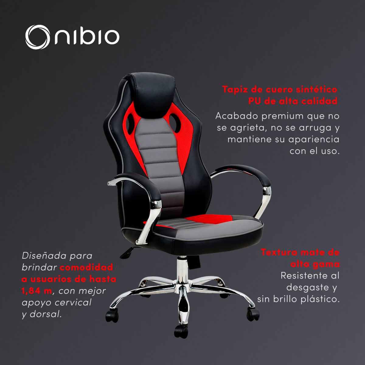 NIBIO - Silla Gamer Nibio Rookie Reclincable Cuero PU Rojo