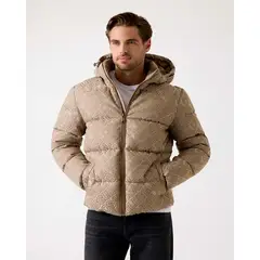 GUESS - Chaqueta Allover Logo Puffa Café