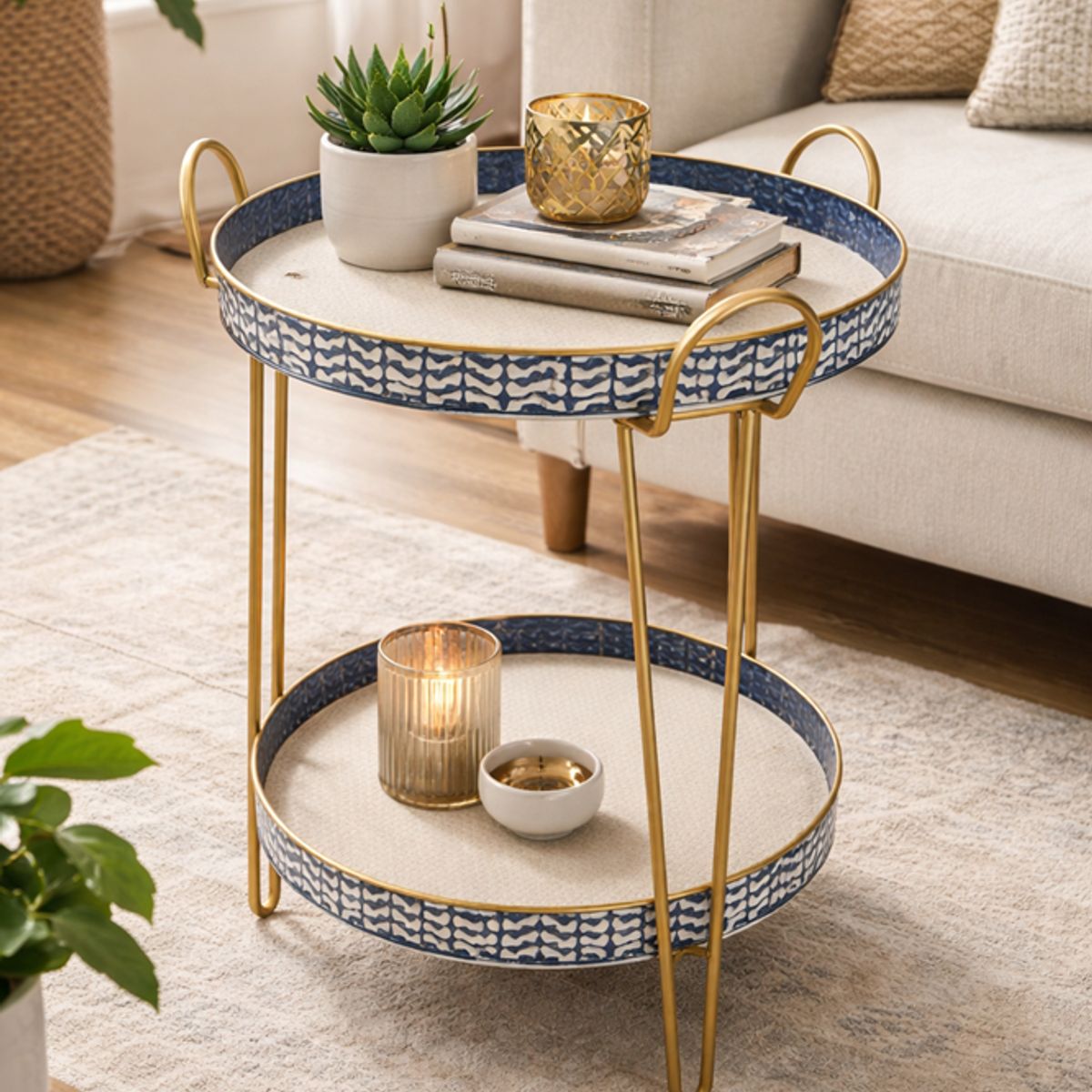 GENERICO - Mesa Auxiliar Redonda de 2 Niveles con Bandejas Decorativas Azul y Dorado