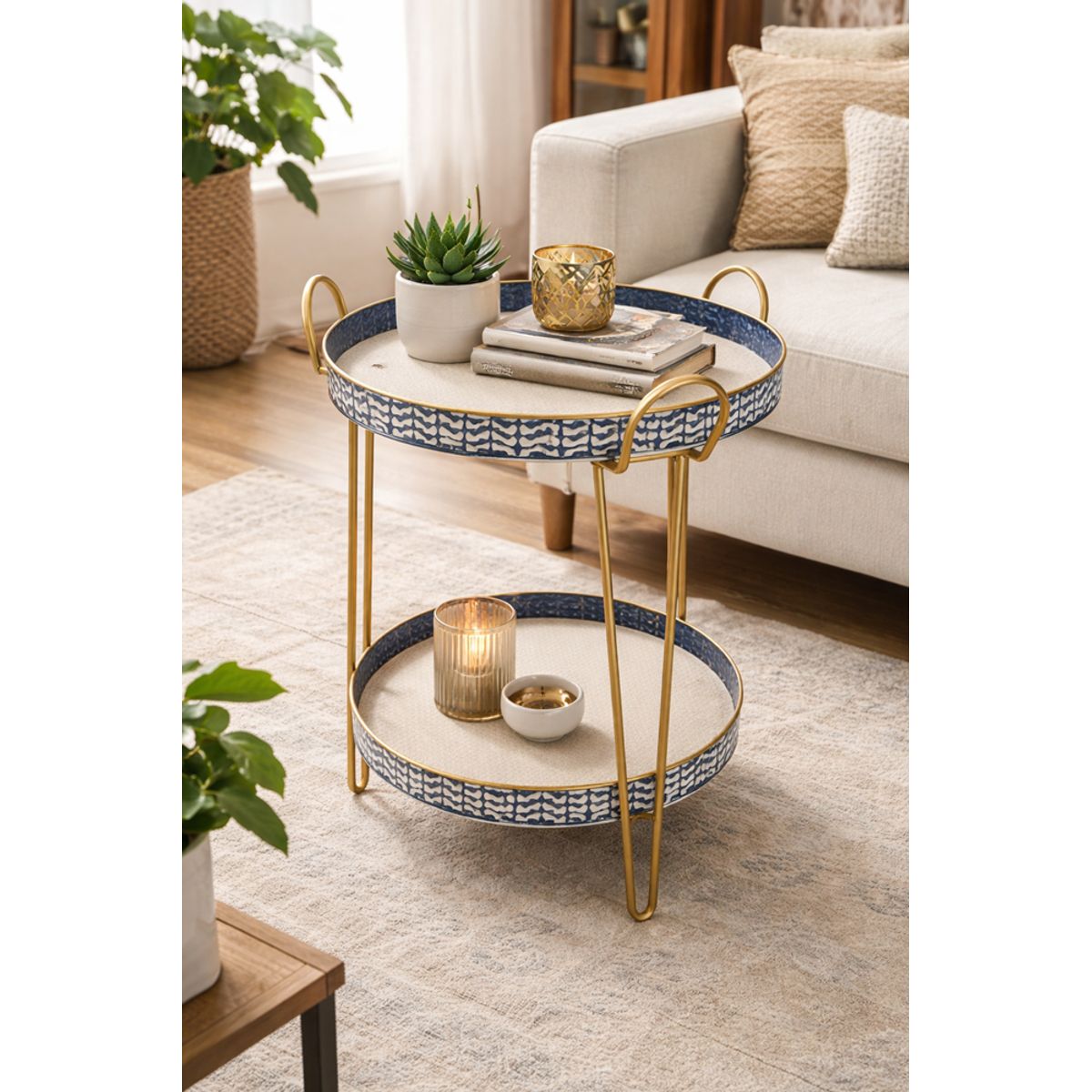 GENERICO - Mesa Auxiliar Redonda de 2 Niveles con Bandejas Decorativas Azul y Dorado