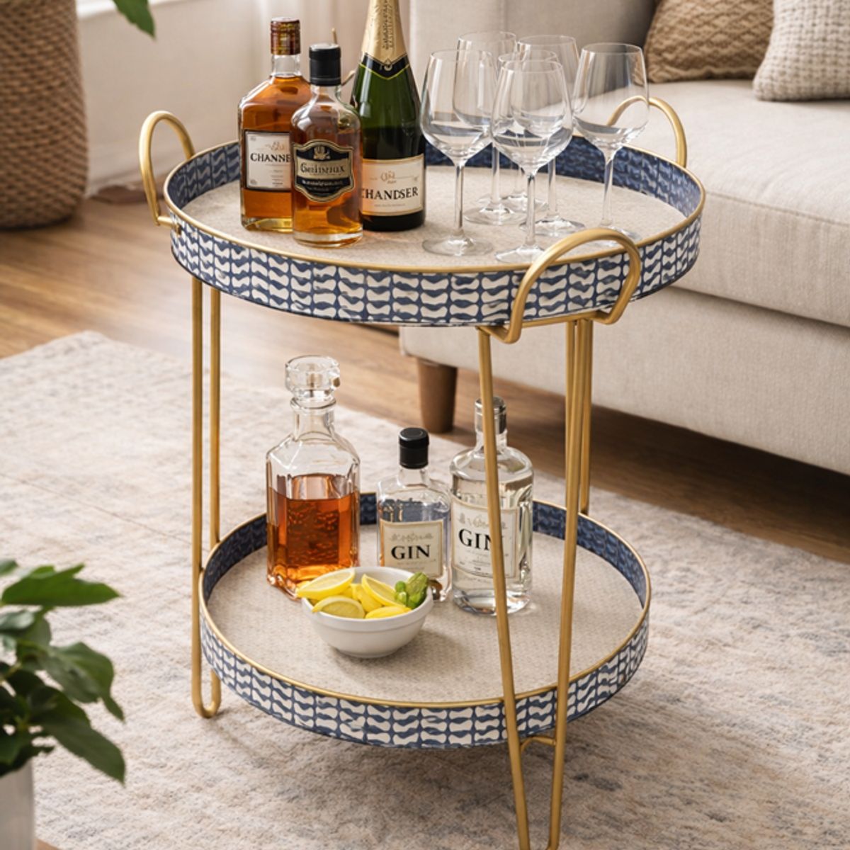 GENERICO - Mesa Auxiliar Redonda de 2 Niveles con Bandejas Decorativas Azul y Dorado