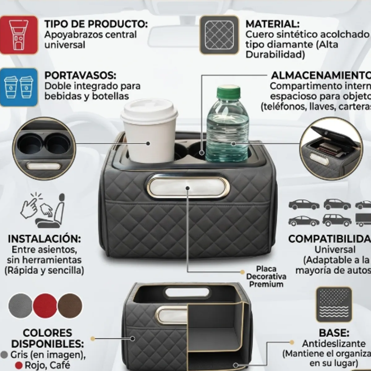 TASBEL - Apoyabrazos Auto Universal Cuero Acolchado Portavasos Organizador Asiento Carro 3 Colores