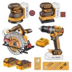 INGCO - SET SIERRA CIR + TALADRO PE+LIJADORA ROT Y ORB +2BAT/CARG