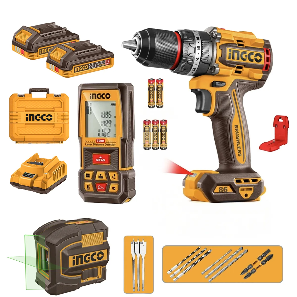 INGCO - TALADRO PER BL +2 BAT Y CARG + MEDIDOR NIVEL LASER 20V/86NM