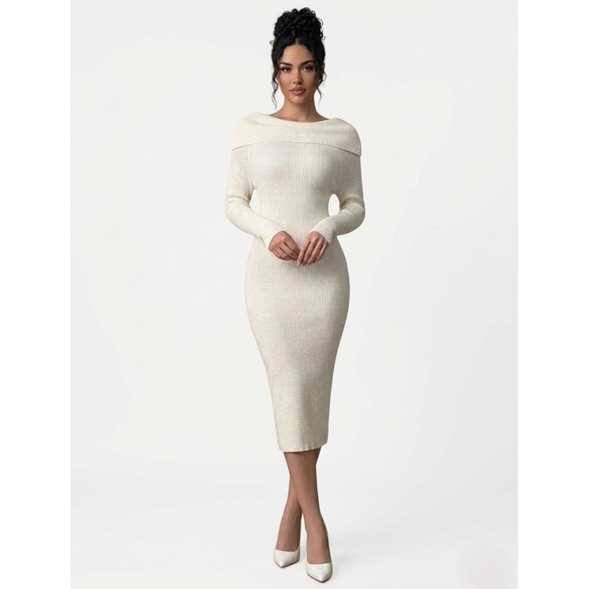 HAMI BOUTIQUE - Vestido Midi Acanalado Blanco Invierno - Escote Bardot Plegado Elegante