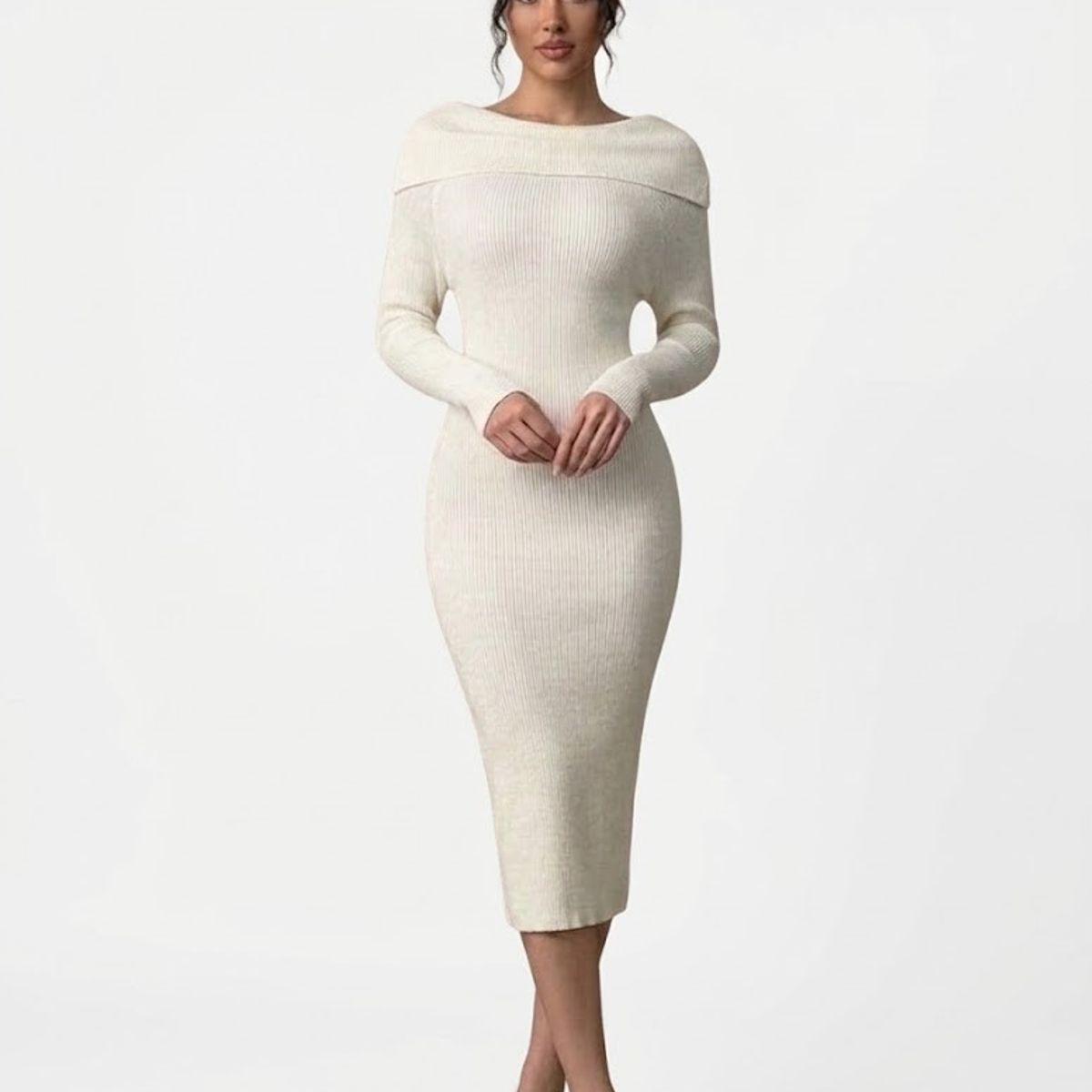 HAMI BOUTIQUE - Vestido Midi Acanalado Blanco Invierno - Escote Bardot Plegado Elegante