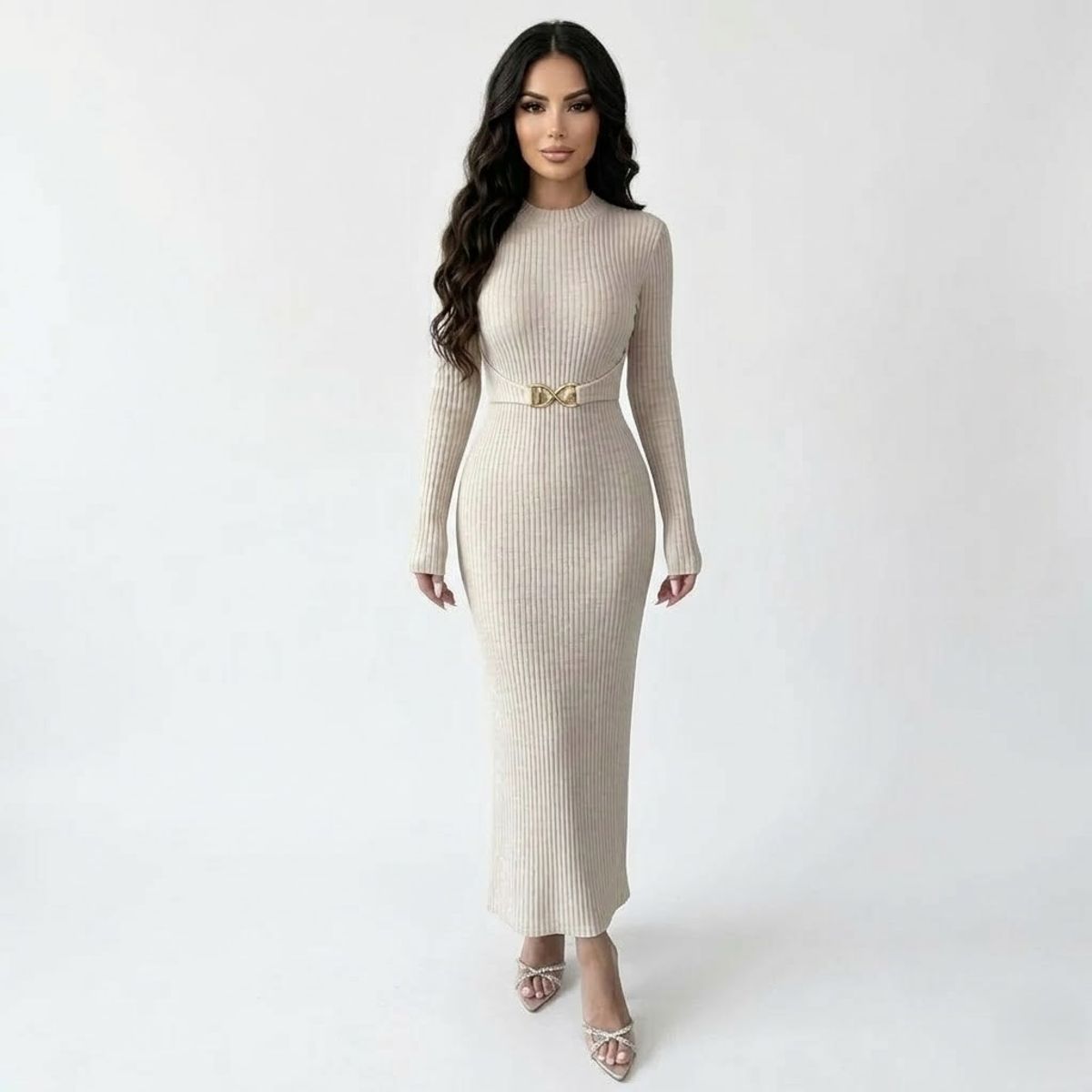 HAMI BOUTIQUE - Vestido Largo de Punto Acanalado Beige Crema - Cinturón Metálico