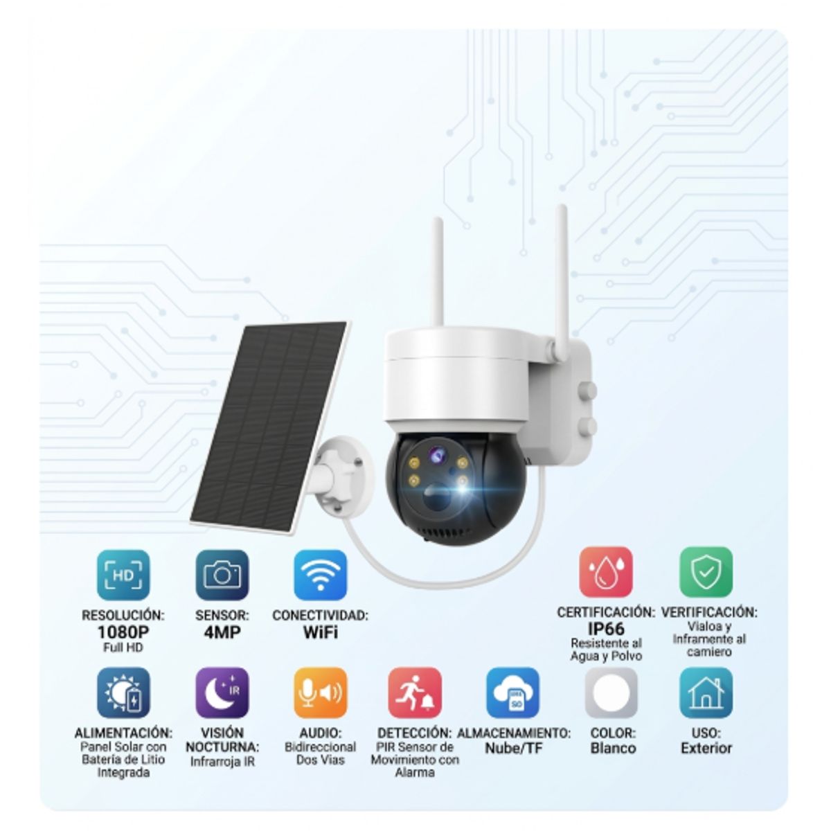 GENERICO - Camara Seguridad Solar WiFi Exterior 1080P 4MP Vision Nocturna IP66 Audio Bidireccional Sin Cables