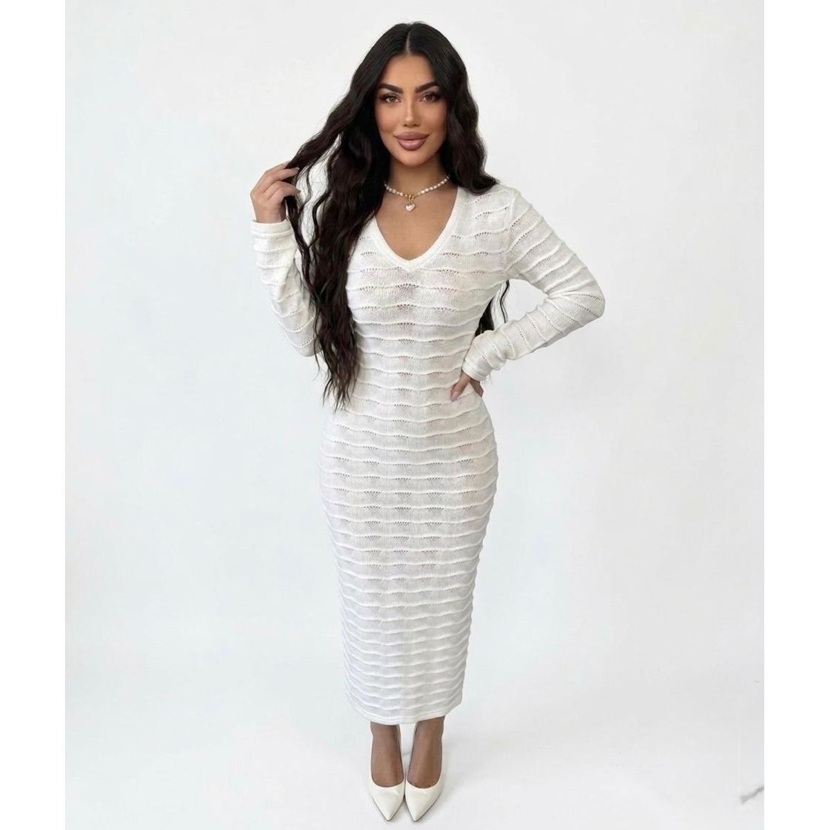 HAMI BOUTIQUE - Vestido Lago de Punto Blanco - Tejido Térmico de Invierno
