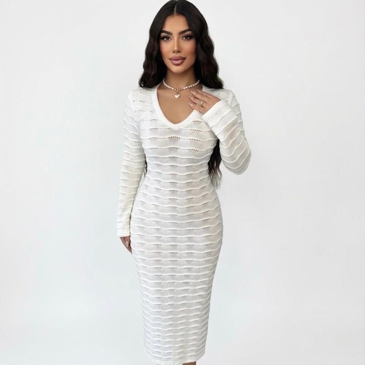 HAMI BOUTIQUE - Vestido Lago de Punto Blanco - Tejido Térmico de Invierno