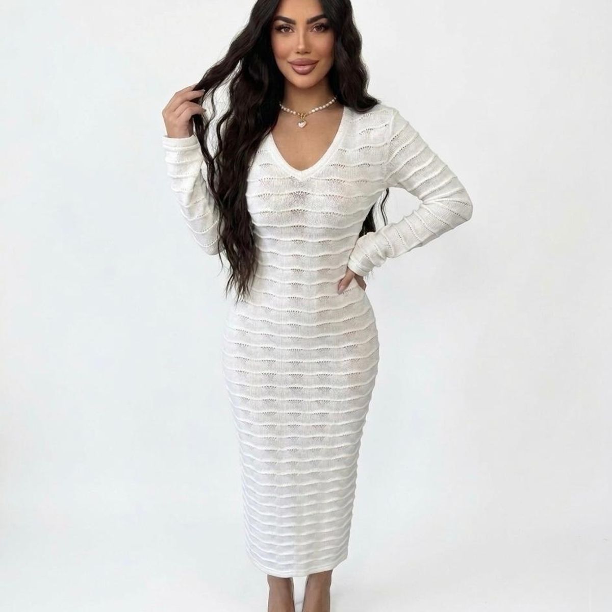 HAMI BOUTIQUE - Vestido Lago de Punto Blanco - Tejido Térmico de Invierno