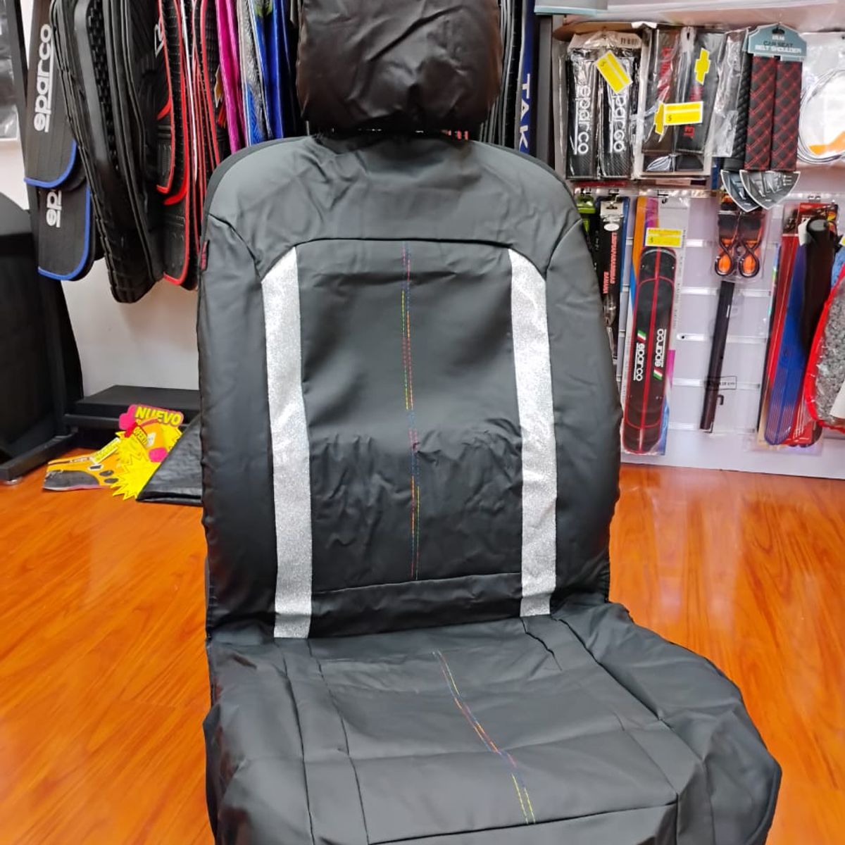 GENERICO - Fundas de asiento individual eco cuero negro franja plateada hilo de colores