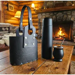 GENERICO - CANASTO MATERO 100% CUERO GRUESO ESTAMPADO NEGRO 2 COMPARTIMIENTOS