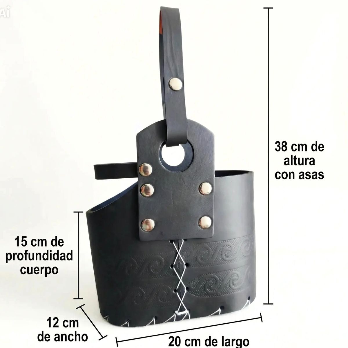 GENERICO - CANASTO MATERO 100% CUERO GRUESO ESTAMPADO NEGRO  2 COMPARTIMIENTOS