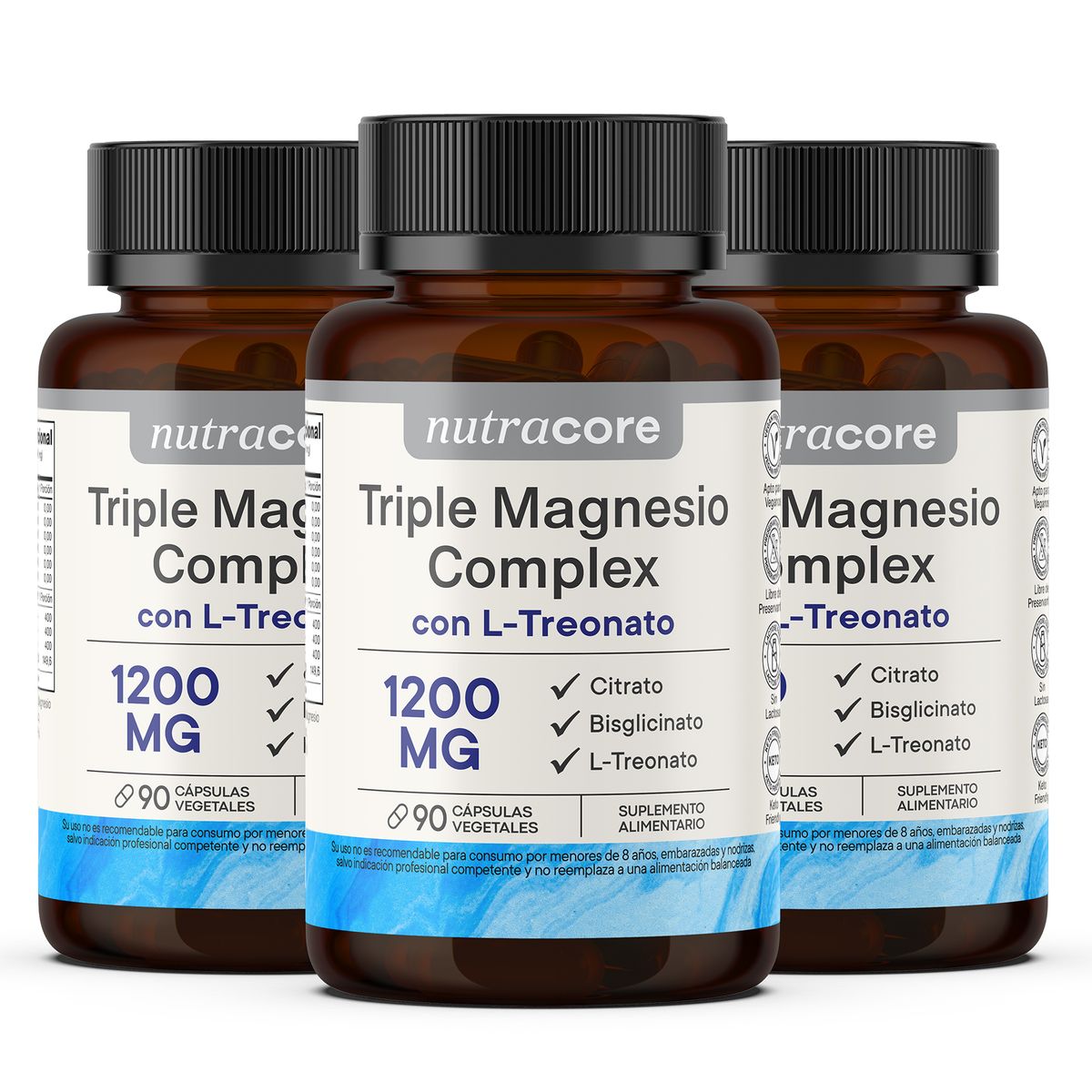 NUTRACORE - Triple Magnesio Complex 1200mg - Pack 4.5 Meses - 3x90 Cápsulas Vegetales - NutraCore