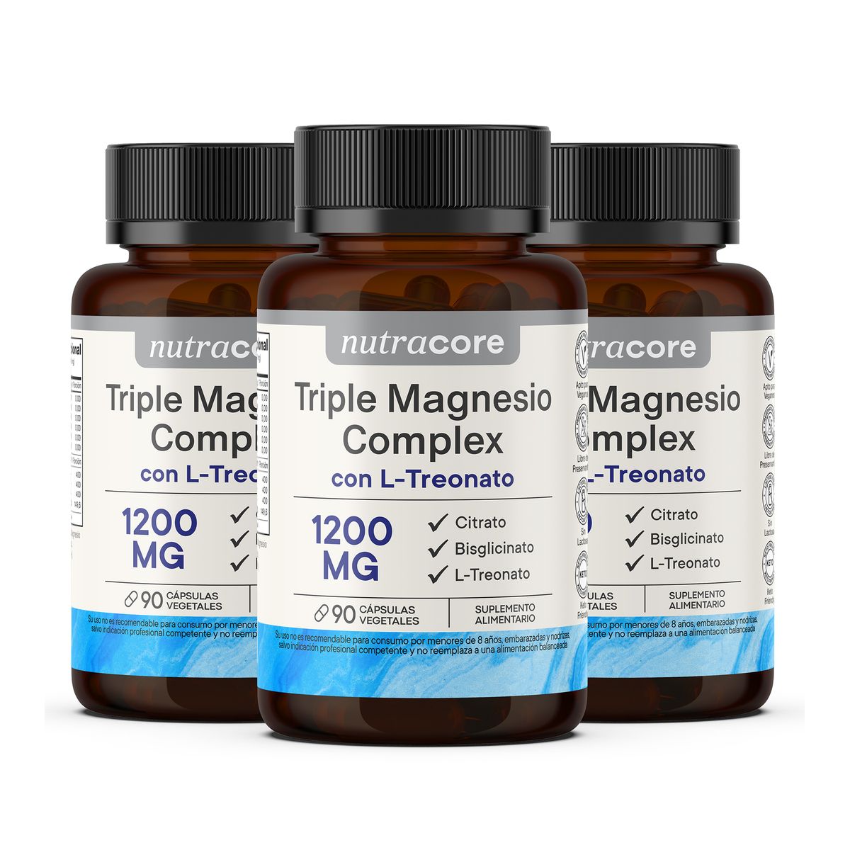 NUTRACORE - Triple Magnesio Complex 1200mg - Pack 4.5 Meses - 3x90 Cápsulas Vegetales - NutraCore