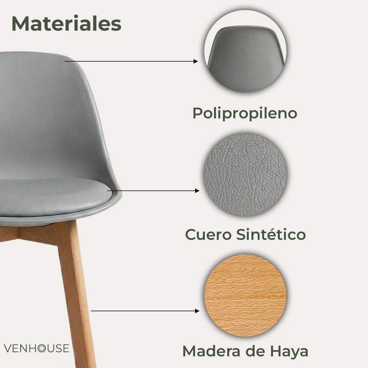 VENHOOUSE - Pack 2 Taburetes Piso Bar Acolchado Altura 65cm Eames Tulip Gris