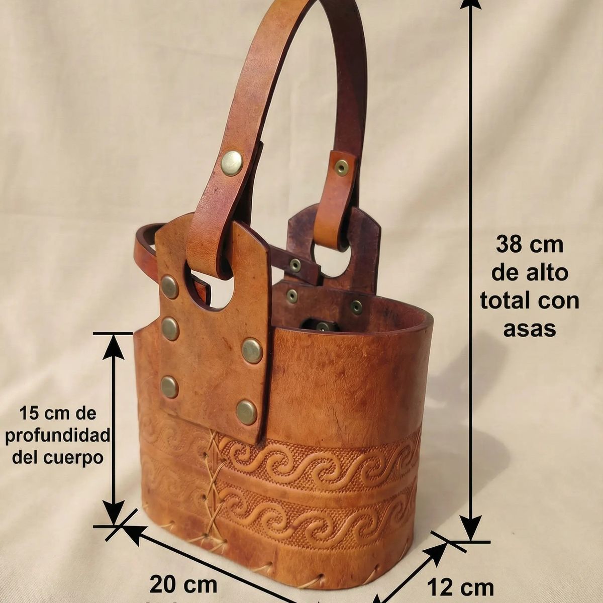 GENERICO - CANASTO MATERO ESTAMPADO 100% CUERO GRUESO CAFE 2 COMPARTIMIENTOS