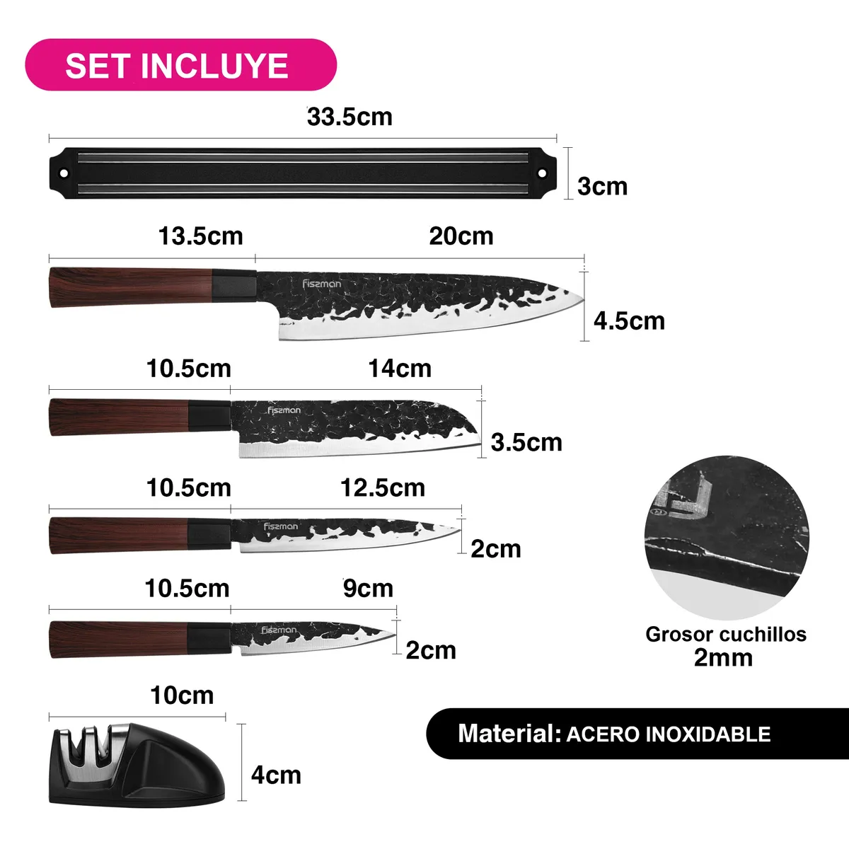 FISSMAN - Set 4 cuchillos de cocina Kendo + Afilador y Barra magnética - Fissman