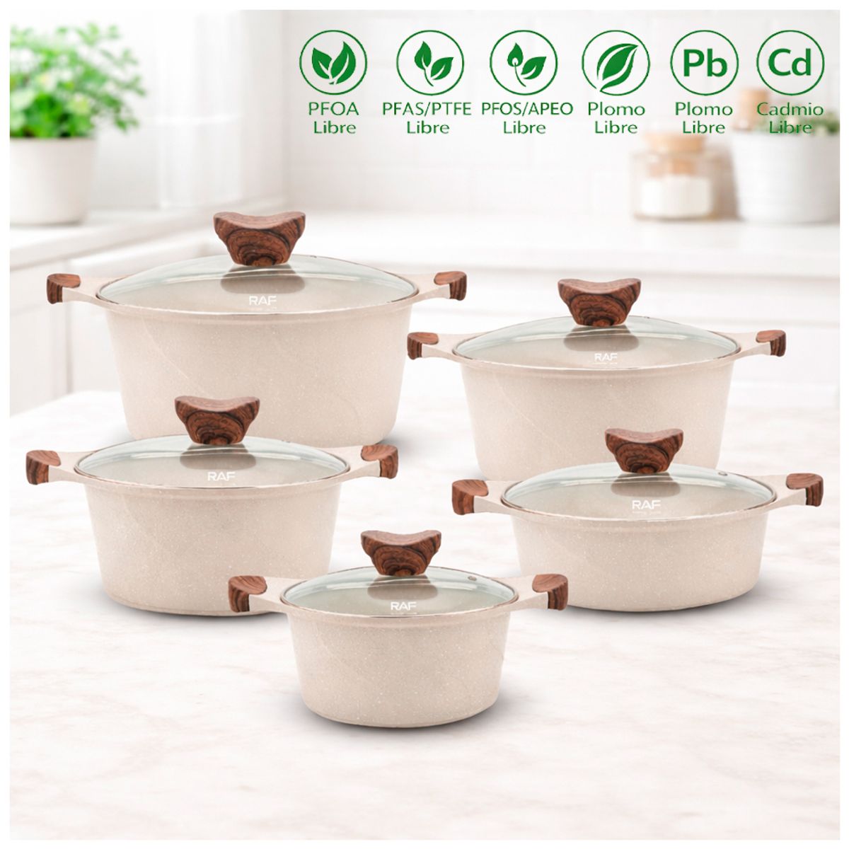RAF - Set 5 Ollas con Recubrimiento Antiadherente Cerámico Color Beige Bateria De Cocina con tapas