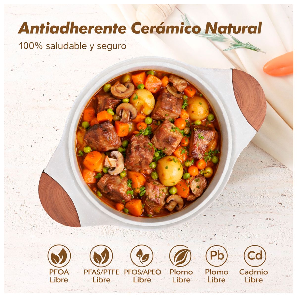 RAF - Set 5 Ollas con Recubrimiento Antiadherente Cerámico Color Beige Bateria De Cocina con tapas