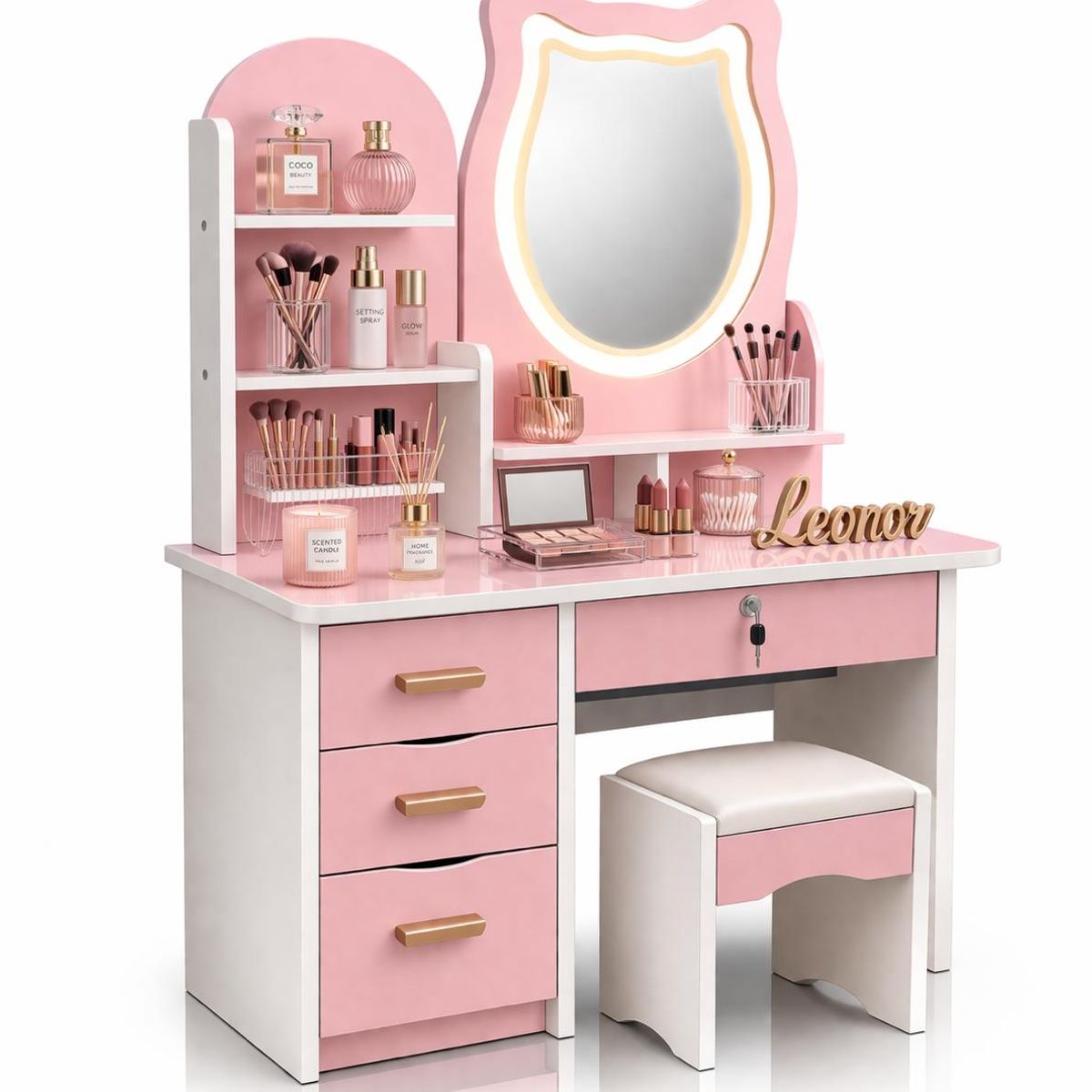 ACTUAL - Tocador Infantil Niña Espejo Luz Led Gato Cajones Taburete 120x80x34cm Rosado