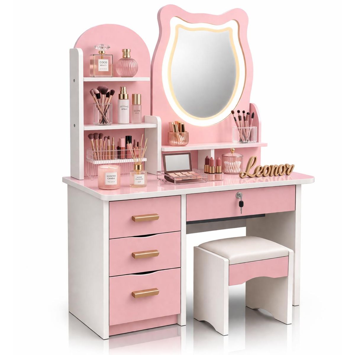ACTUAL - Tocador Infantil Niña Espejo Luz Led Gato Cajones Taburete 120x80x34cm Rosado