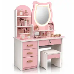 ACTUAL - Tocador Infantil Niña Espejo Luz Led Gato Cajones Taburete 120x80x34cm Rosado