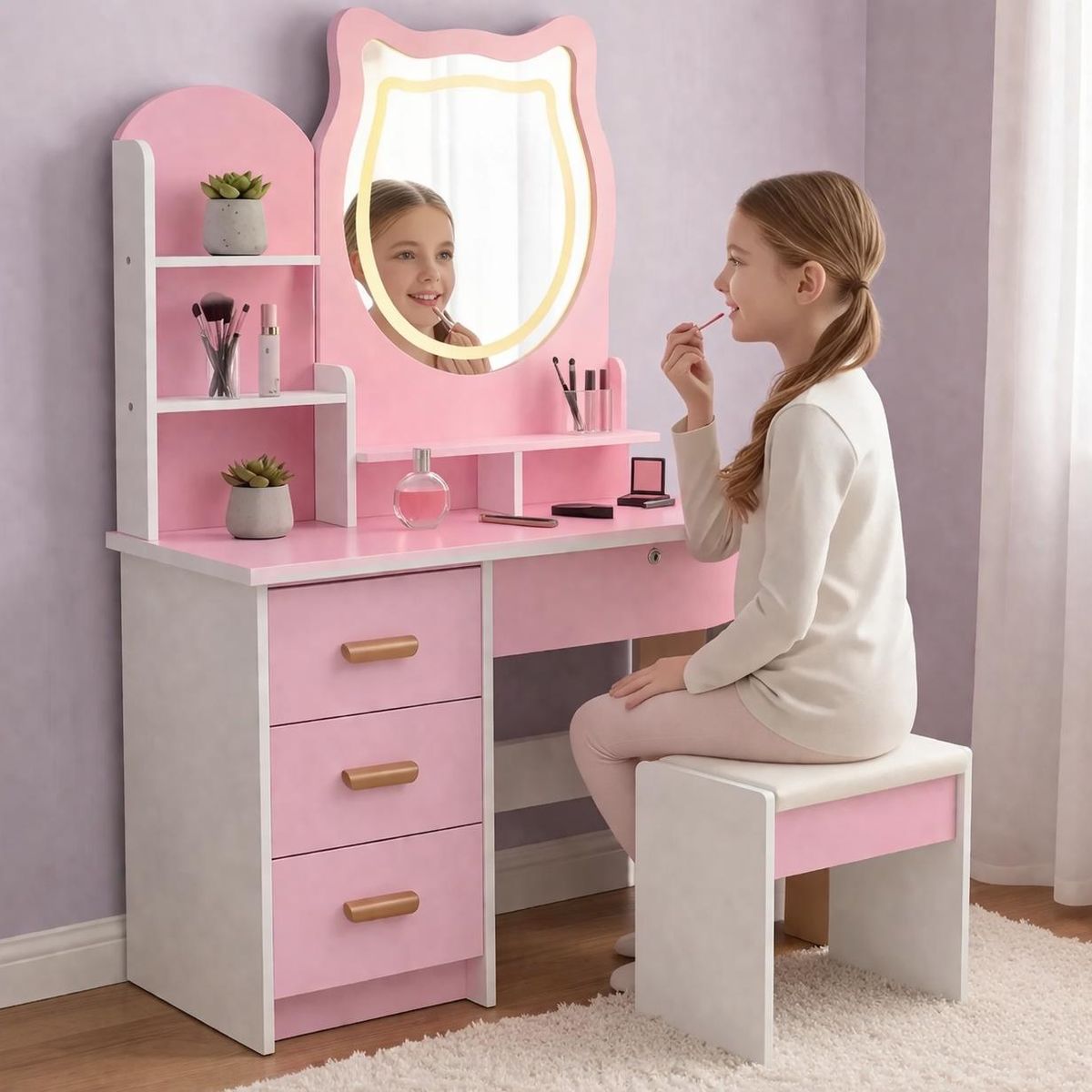 ACTUAL - Tocador Infantil Niña Espejo Luz Led Gato Cajones Taburete 120x80x34cm Rosado