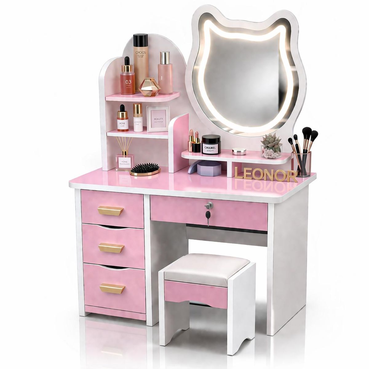 ACTUAL - Tocador Infantil Rosado con Espejo LED Tipo Gato 120x80x34 cm con Cajones y Taburete