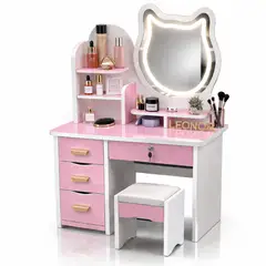ACTUAL - Tocador Infantil Rosado con Espejo LED Tipo Gato 120x80x34 cm con Cajones y Taburete
