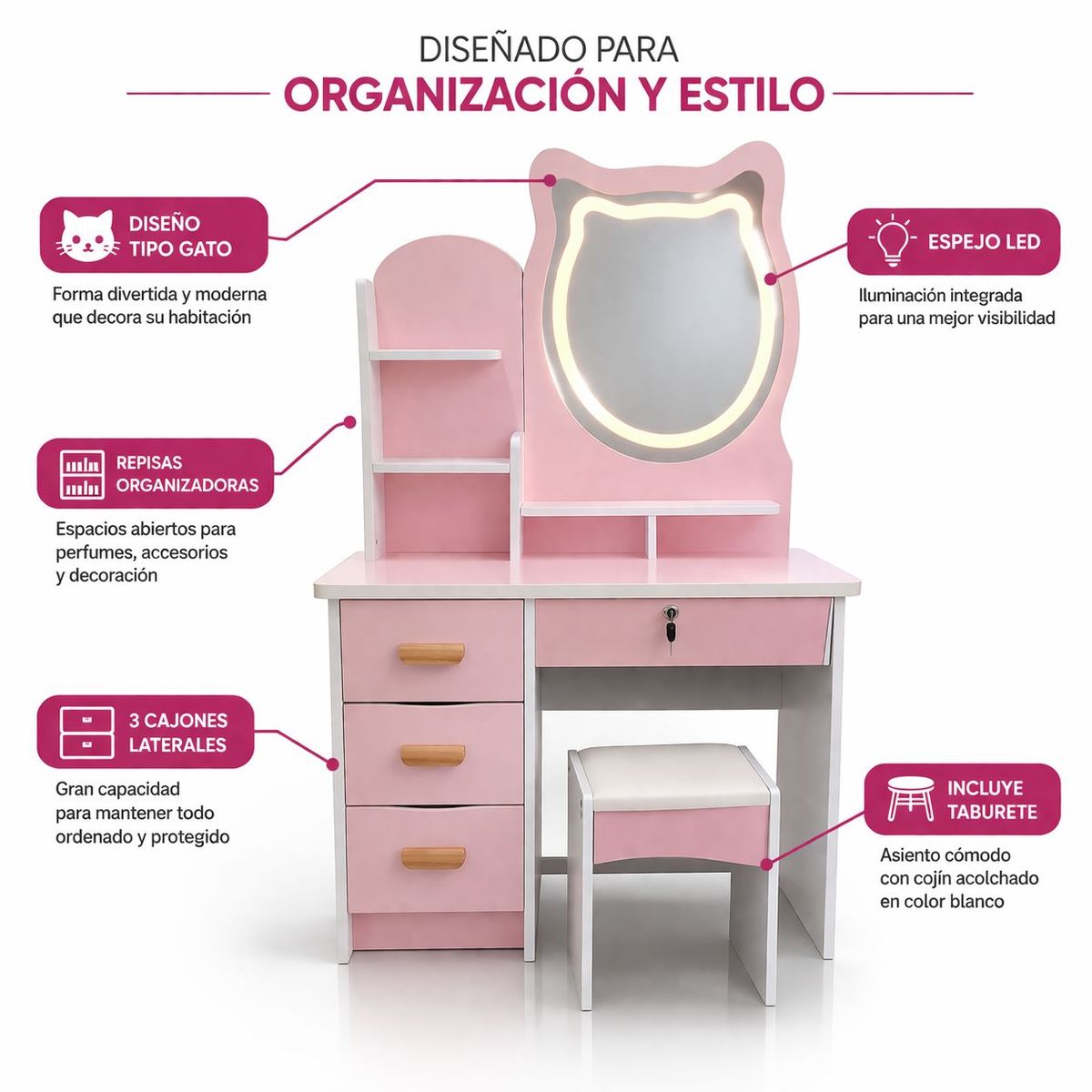 ACTUAL - Tocador Infantil Rosado con Espejo LED Tipo Gato 120x80x34 cm con Cajones y Taburete