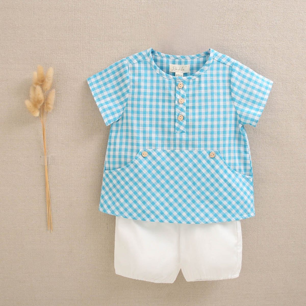 DADATI - Conjunto bebé niño camisa de cuadros vichy turquesa y short blanco