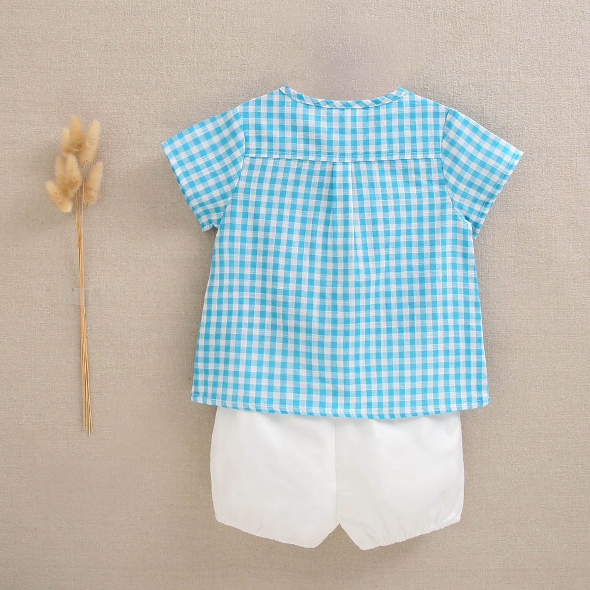 DADATI - Conjunto bebé niño camisa de cuadros vichy turquesa y short blanco