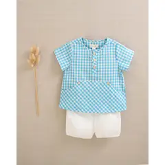 DADATI - Conjunto bebé niño camisa de cuadros vichy turquesa y short blanco