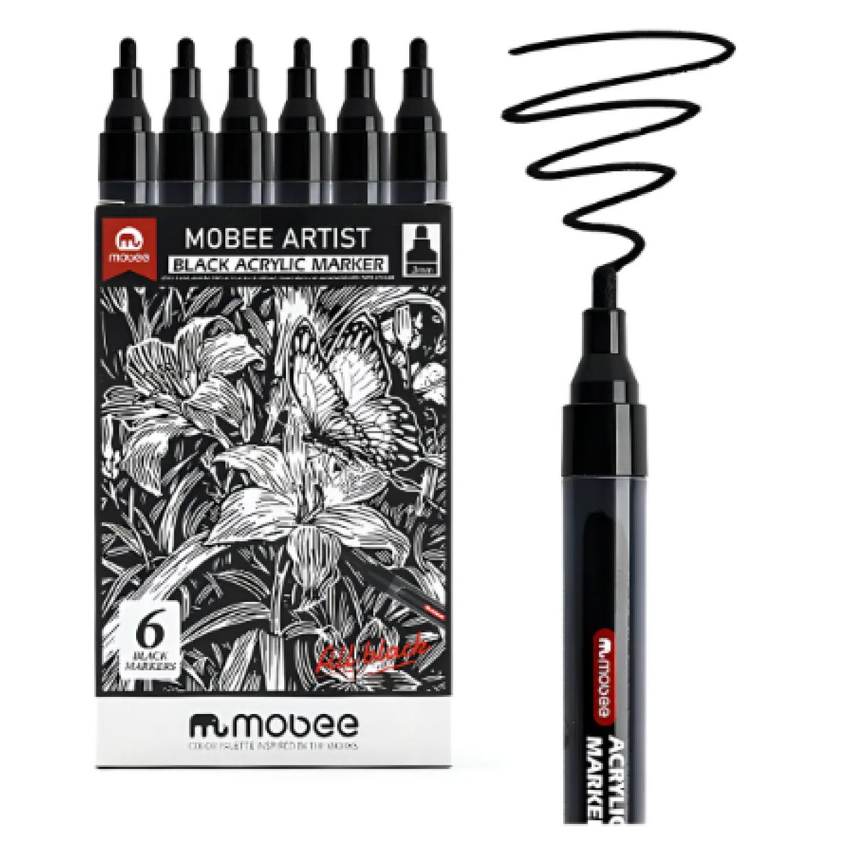 GENERICO - Set 6 Marcadores Acrílicos Mobee Negro para Múltiples Superficies