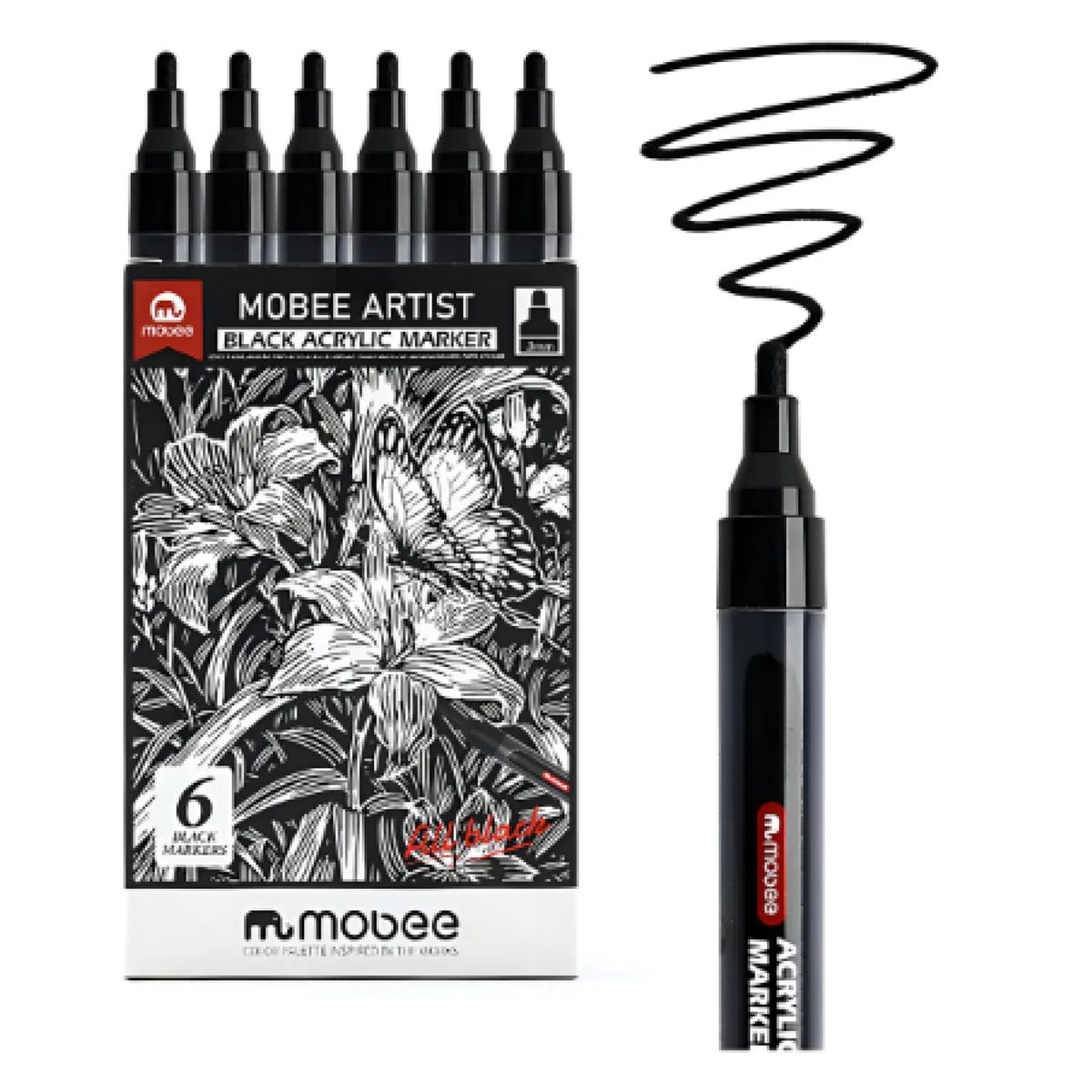 GENERICO - Set 6 Marcadores Acrílicos Mobee Negro para Múltiples Superficies