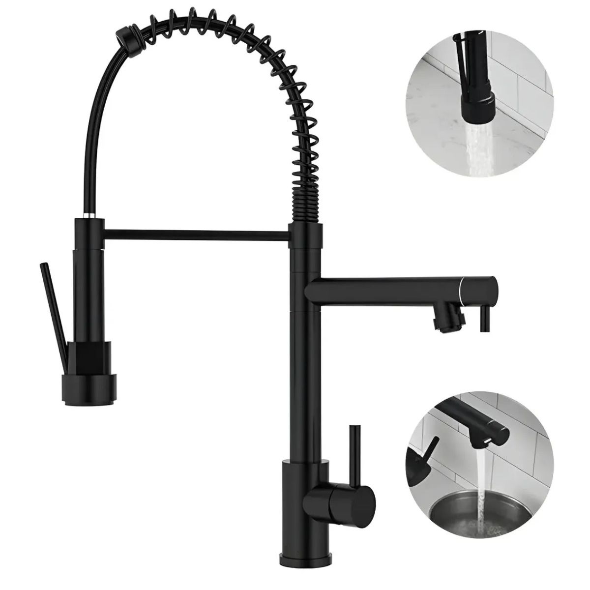 GENERICO - Llave Cocina Monomando Triple Lavaplatos Flexible Negro Labg