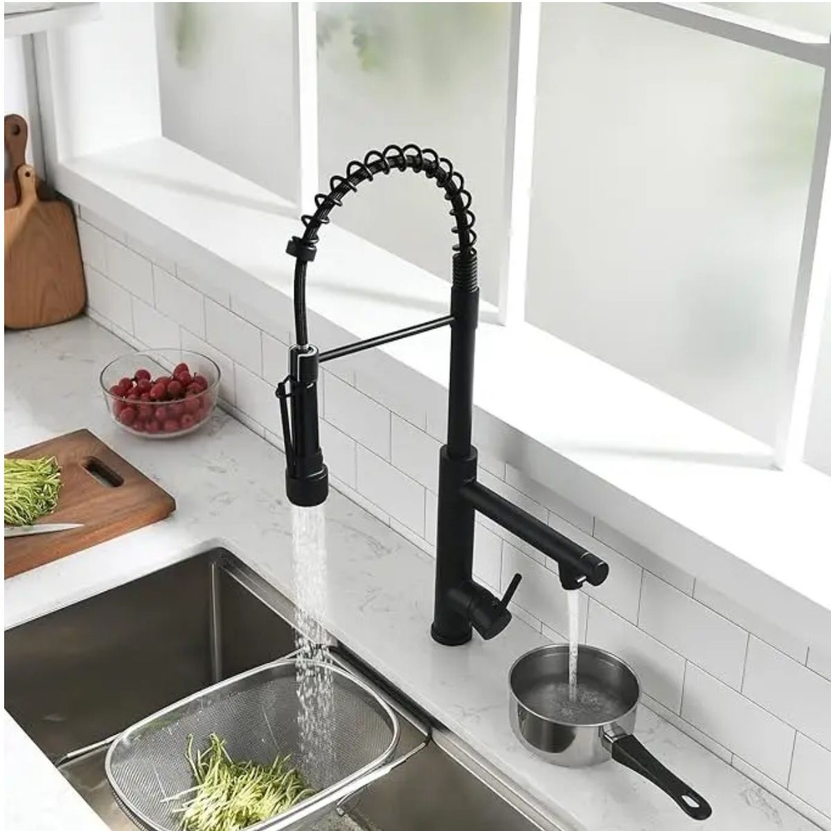 GENERICO - Llave Cocina Monomando Triple Lavaplatos Flexible Negro Labg