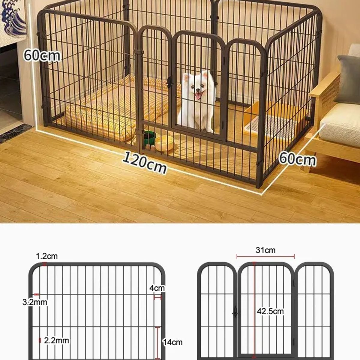 KUANGYE - 6 Parque para Perro 120x60x60cm Vallas Metal  Jaula de Cachorros Corral para Mascota Gato Animales