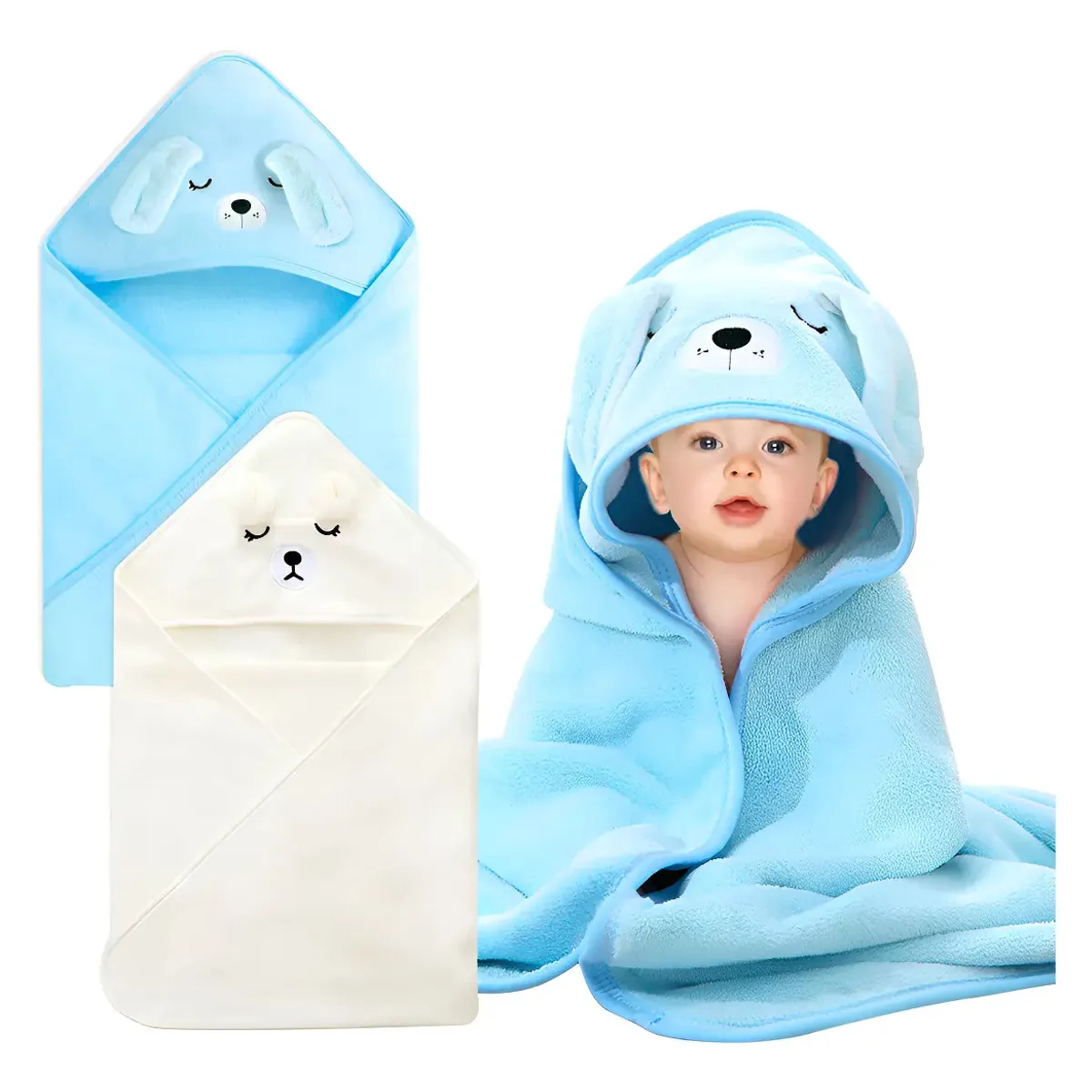 GENERICO - 2Pcs Toallas De Baño Con Capucha Para Bebés Niños Absorbente Azul Y Blanco