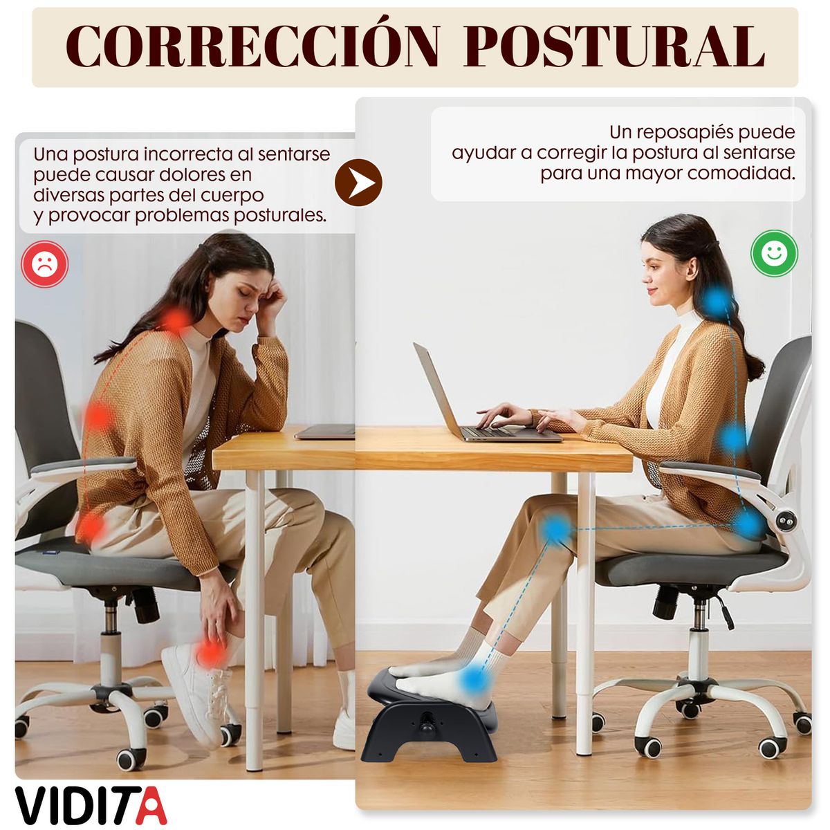 VIDITA - Reposapiés Ergonómico Oficina Ajustable Con Rodillos Masaje