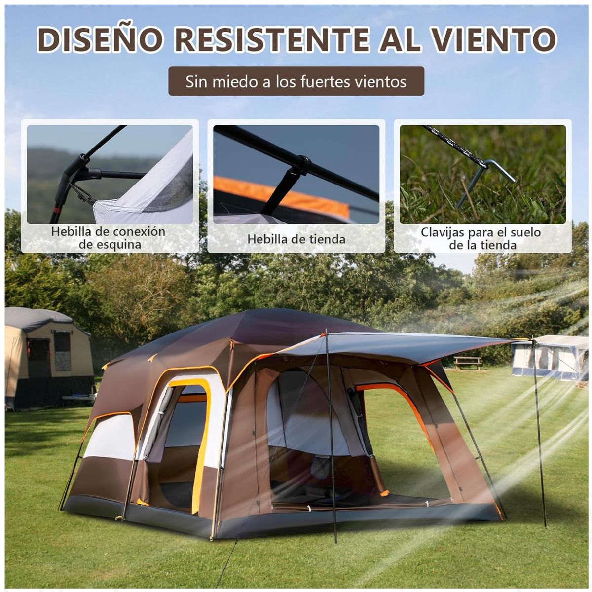 KUANGYE - Carpa Camping Tienda Familiar 4-6 Marrón Personas Impermeable