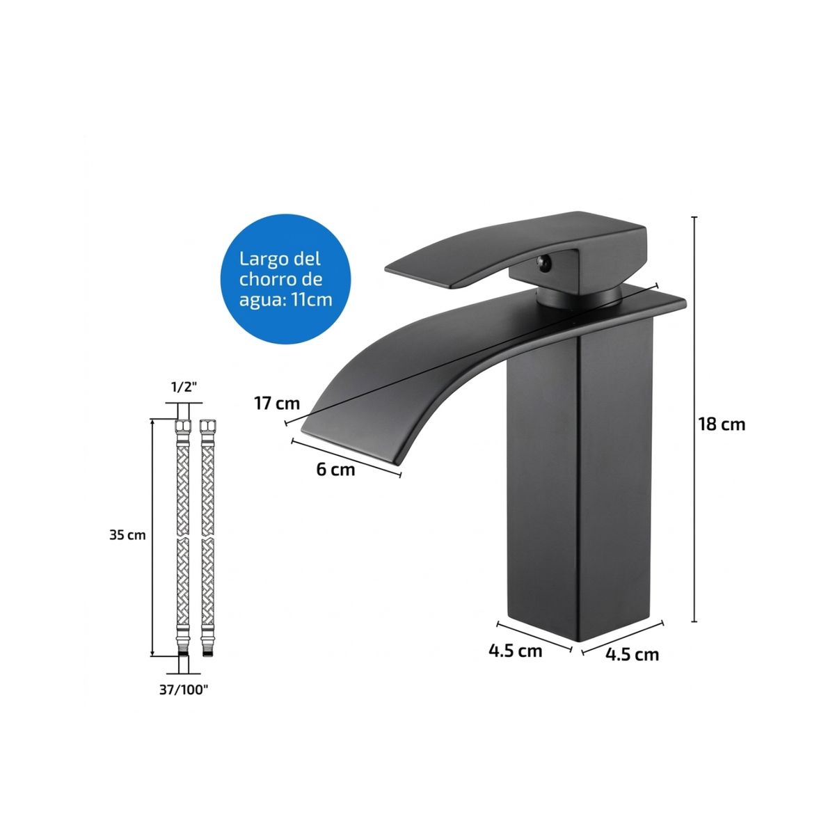 GENERICO - Llave Monomando Alto de Lavamanos  Cascada Diseño Rectangular  Acabado Negro Mate