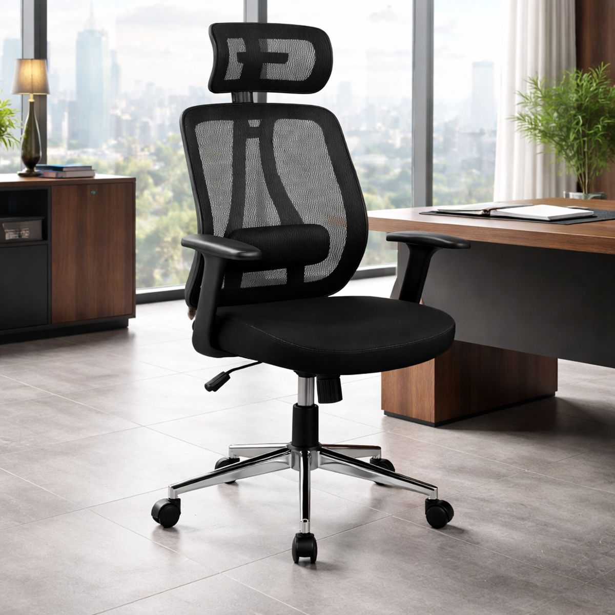 SPACE HOME - Silla Oficina Gerencial Negra Base Cromada Reclinable