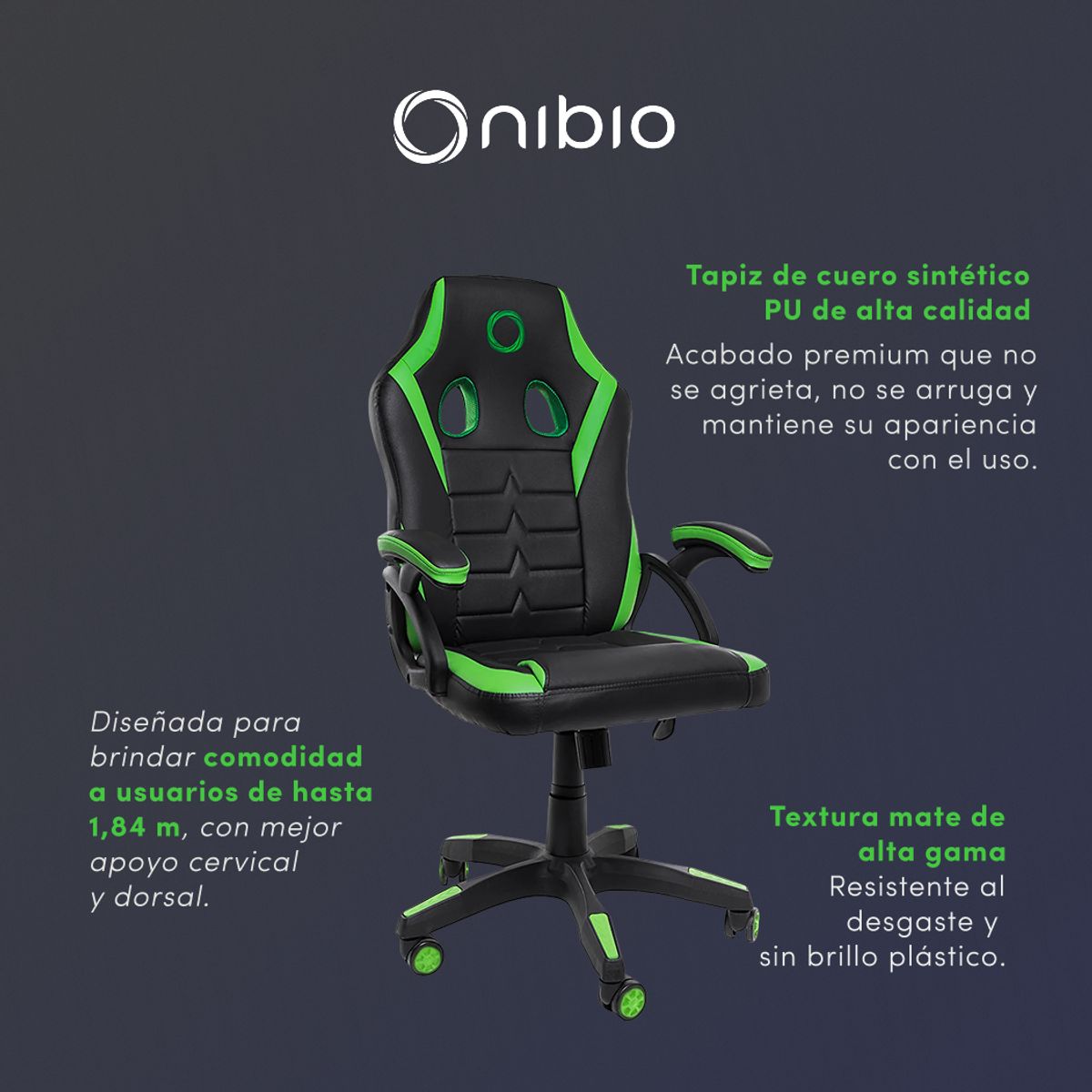 NIBIO - Silla Gamer Nibio Neon Reclinable Cuero PU Verde