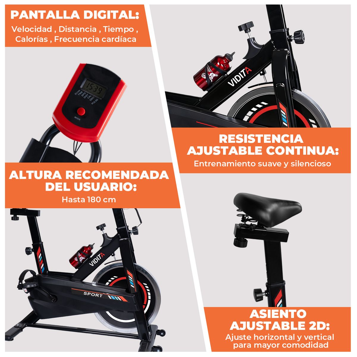 VIDITA - Bicicleta Estática Spinning 10kg Soporte 150kg Resistente Silenciosa con Monitor y Soporte Celular