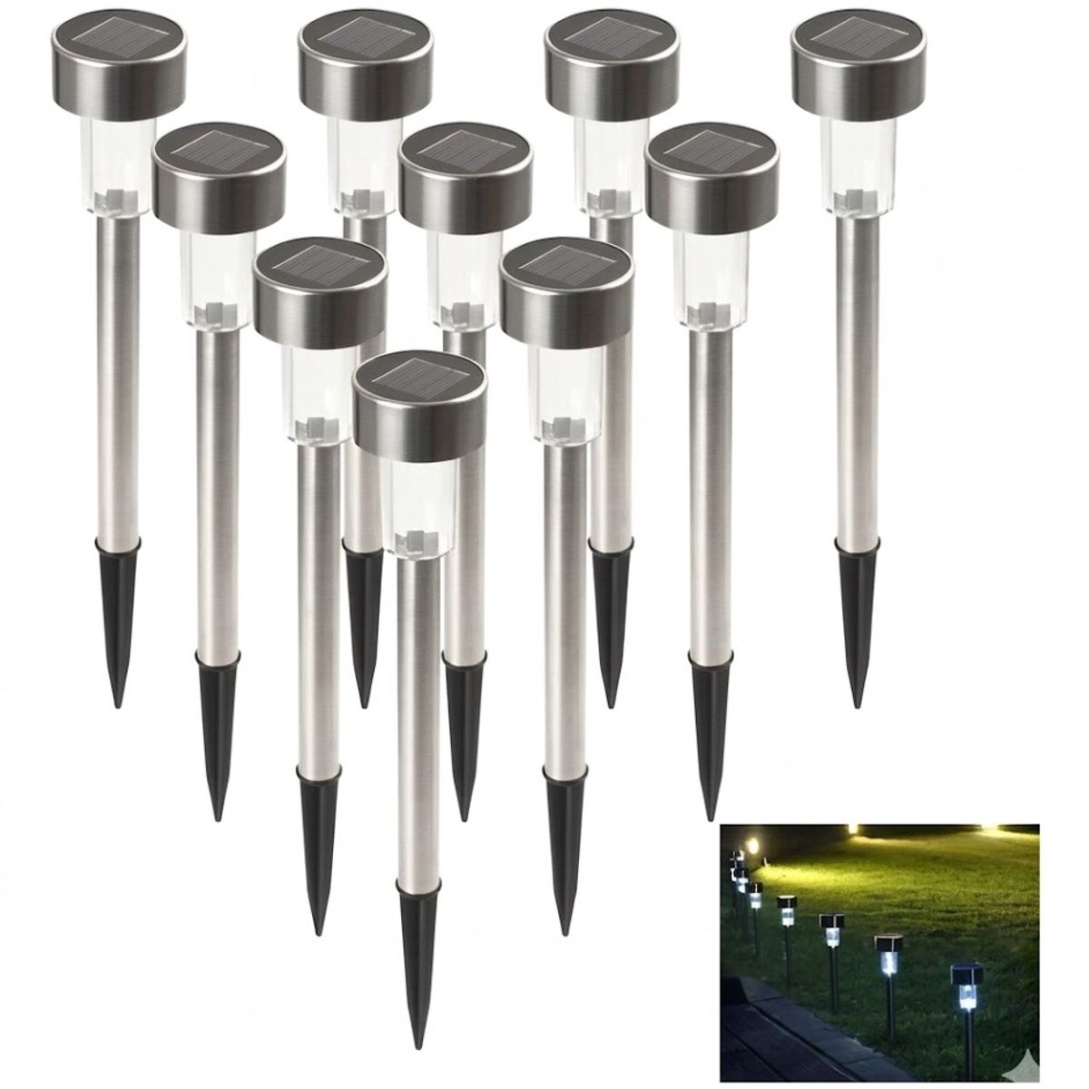 GENERICO - Set 10 Focos Faroles Leds Solares, con Estaca para Jardín Luz Blanca